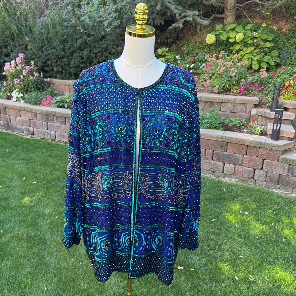 Vintage Scala Silk Blazer Jacket Blue Green Embellished Beaded Sequin Women’s 4X